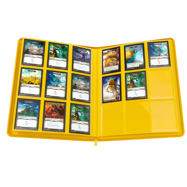 GameGenic 18-Pocket Zip-Up Album - Yellow - Yellow zip-up card binder open to show clear plastic pockets holding trading cards on one side and empty pockets on the.