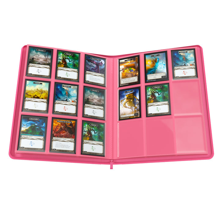 GameGenic 18-Pocket Zip-Up Album - Pink - Pink zip-up card album open to show 18 clear pockets holding collectible trading cards.