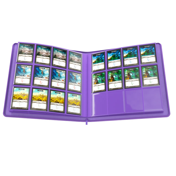 GameGenic 24-Pocket Zip-Up Album - Purple - Purple zip-up card binder album open to show 24 clear pockets with trading cards inserted.