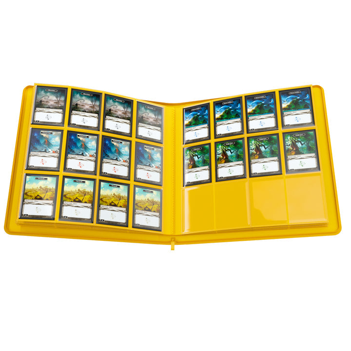 GameGenic 24-Pocket Zip-Up Album - Yellow - Yellow zip-up card binder album open to show clear plastic sleeves holding collectible game cards in a 24-pocket layout.