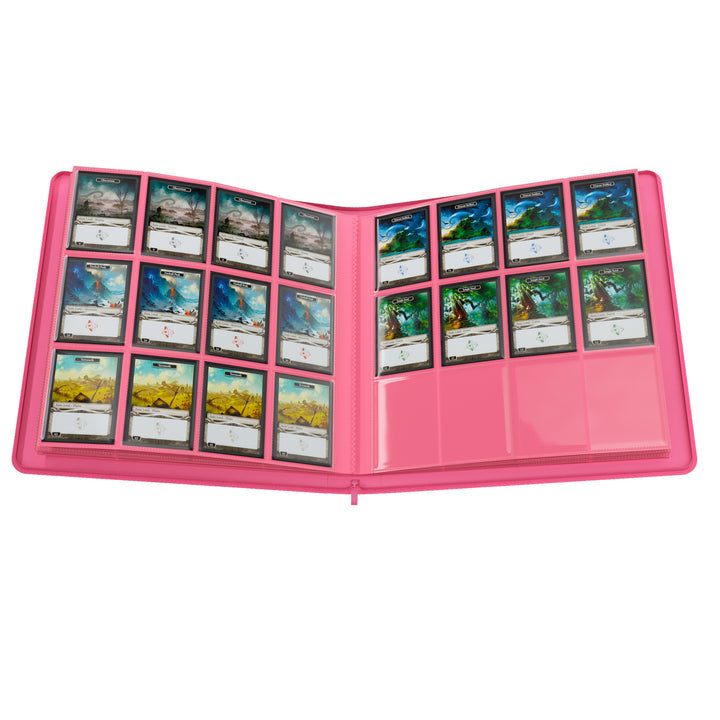GameGenic 24-Pocket Zip-Up Album - Pink - Pink zip-up card binder open to show clear plastic 24-pocket pages holding trading cards.