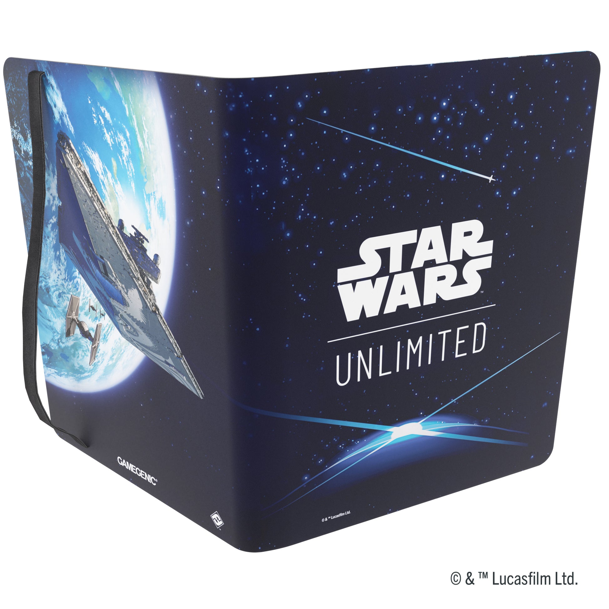 Gamegenic STAR WARS : UNLIMITED CASUAL ALBUM 18-POCKET - Card Back Blue - Dark blue card album with starry sky design, featuring Star Wars logo and a spaceship near a planet.
