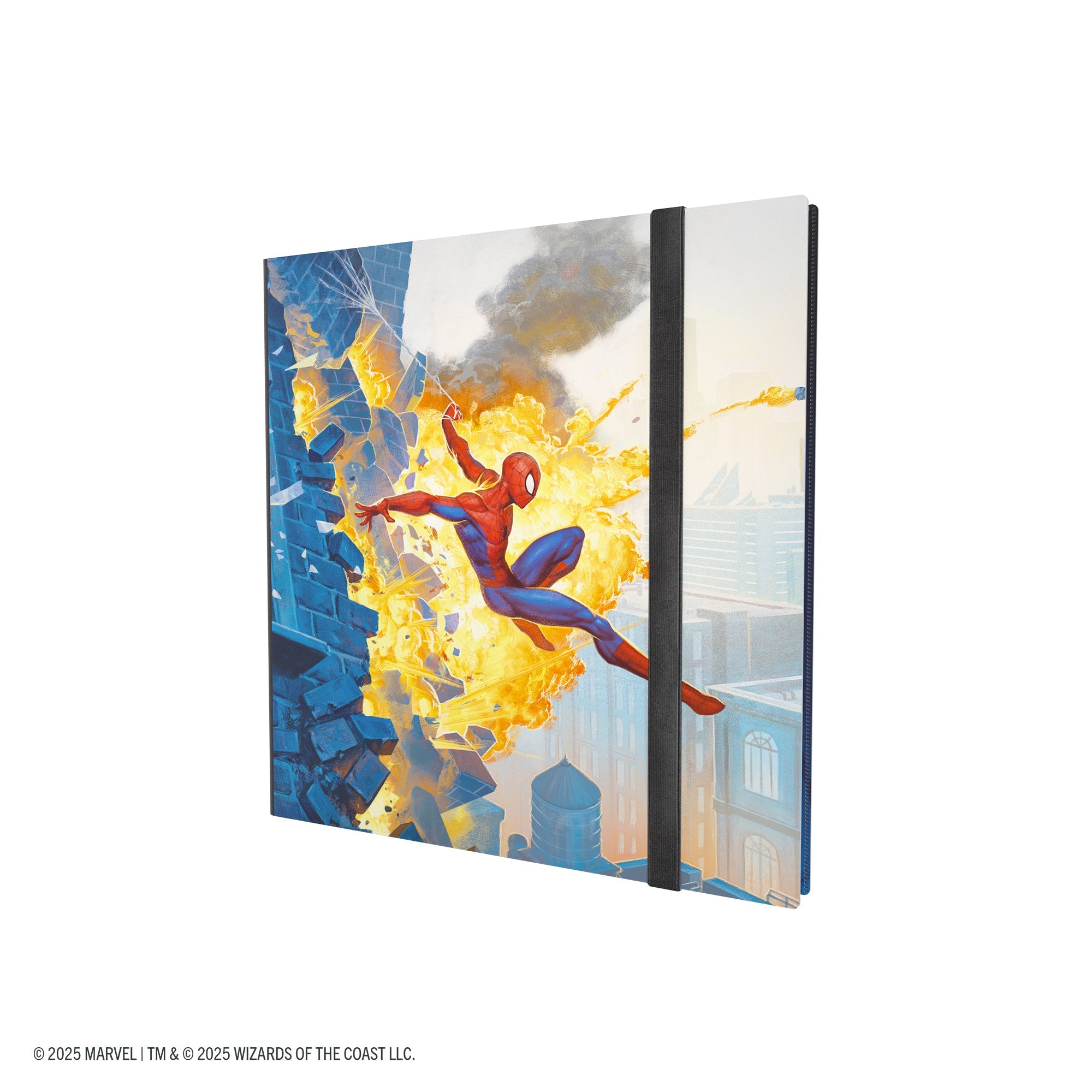 Magic: The Gathering: Marvel's Spider-Man 24-Pocket Album - Spider-Man/Green Goblin - Binder-style card album with Spider-Man swinging through explosion on front, featuring blue, red, orange, and green tones,.