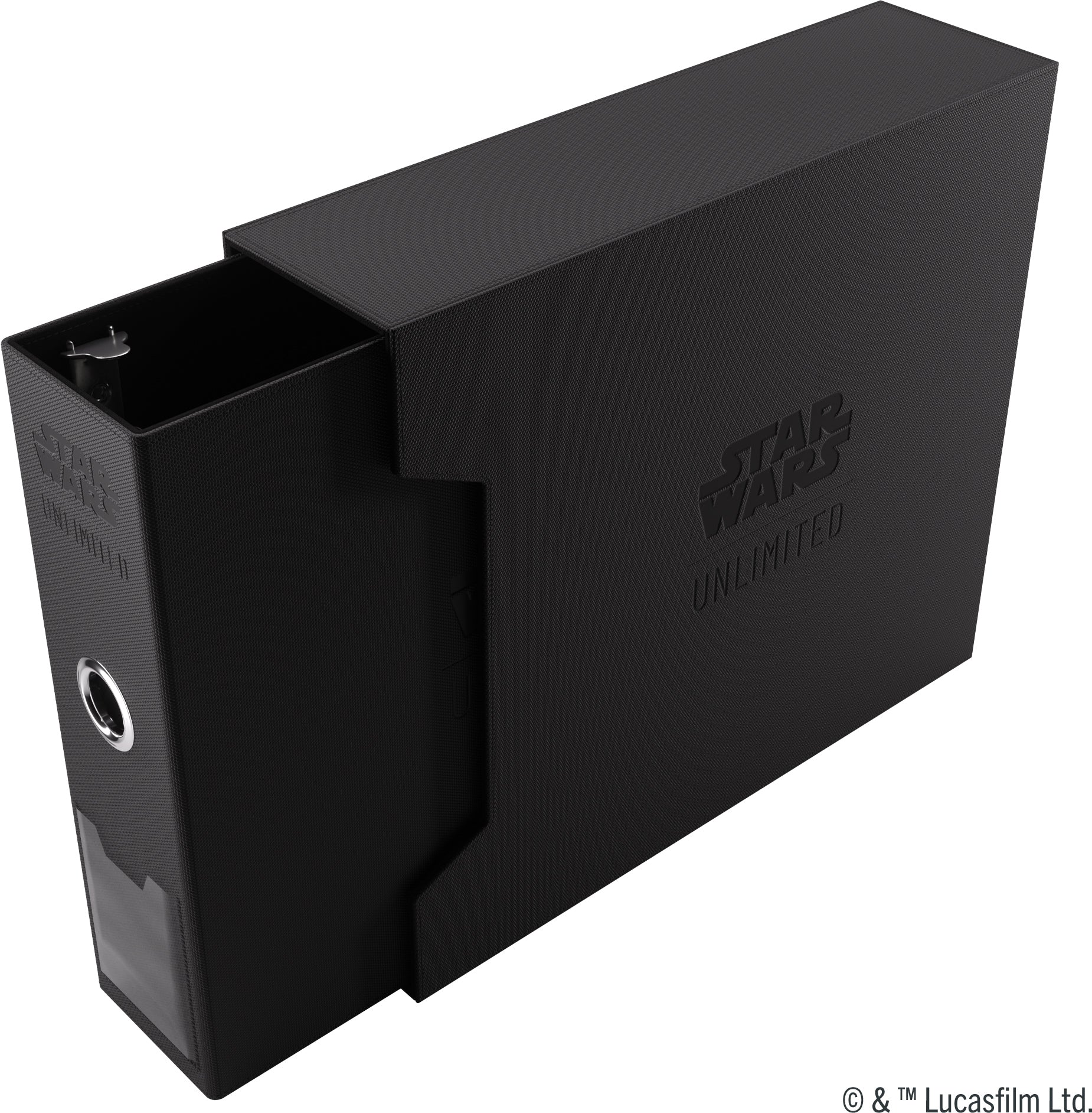 Gamegenic STAR WARS : Unlimited Premium Cardport XL - Black rectangular card storage box with Star Wars Unlimited logo and partially visible sliding inner compartment.
