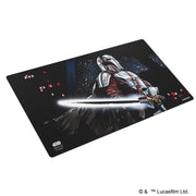 Star Wars: Unlimited Playmat - Mandalorian - Black rectangular playmat featuring a detailed Mandalorian with silver armor and glowing white lightsaber against a starry.