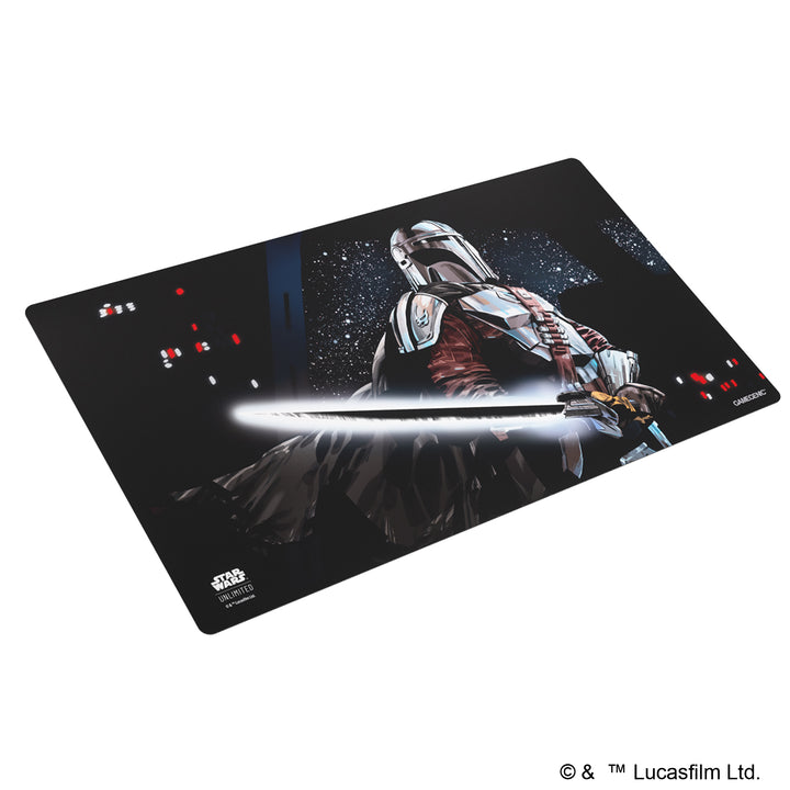 Star Wars: Unlimited Playmat - Mandalorian - Black rectangular playmat featuring a detailed Mandalorian with silver armor and glowing white lightsaber against a starry.