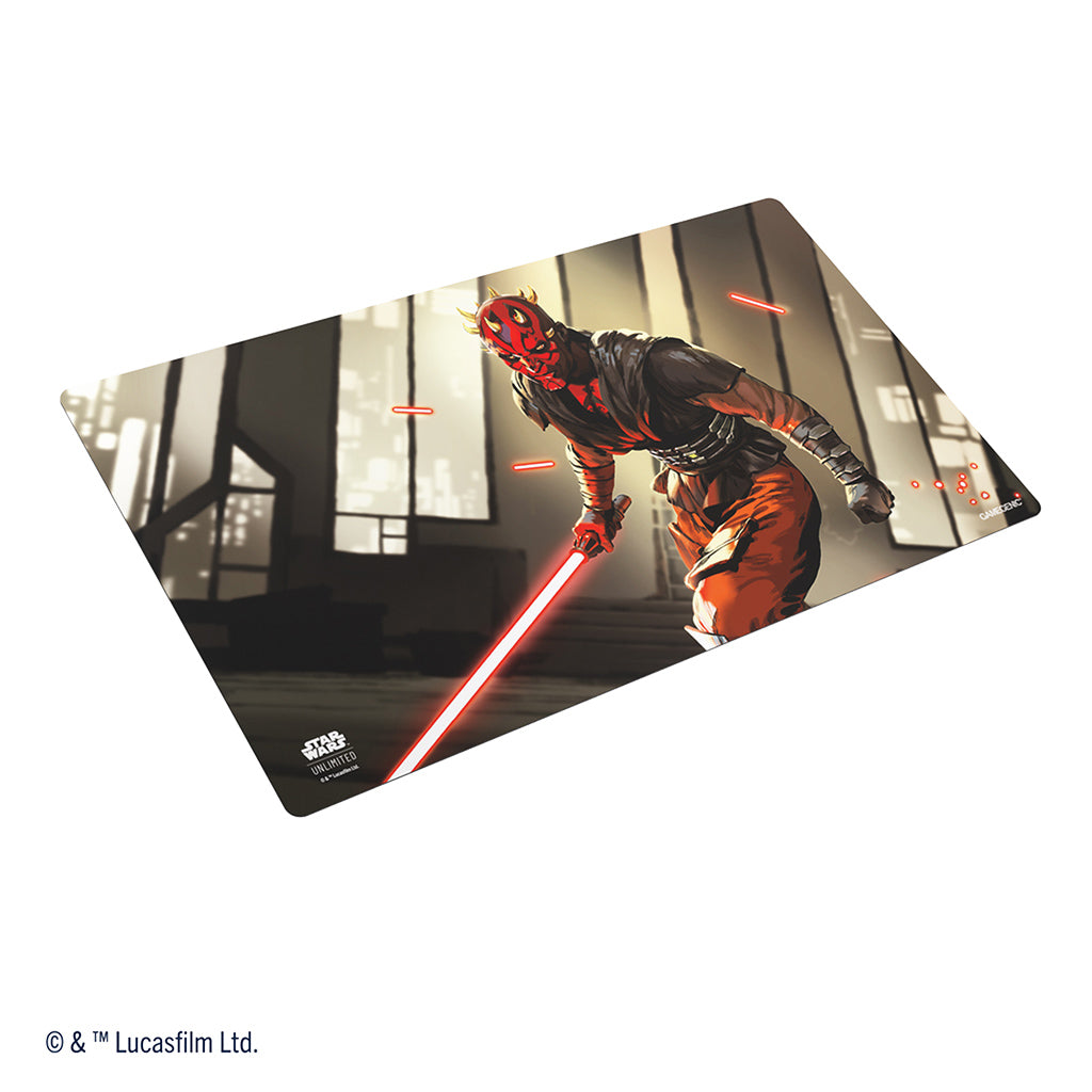 Star Wars: Unlimited Playmat - Darth Maul - Rectangular gaming playmat featuring Darth Maul with red double-bladed lightsaber on dark sci-fi background.