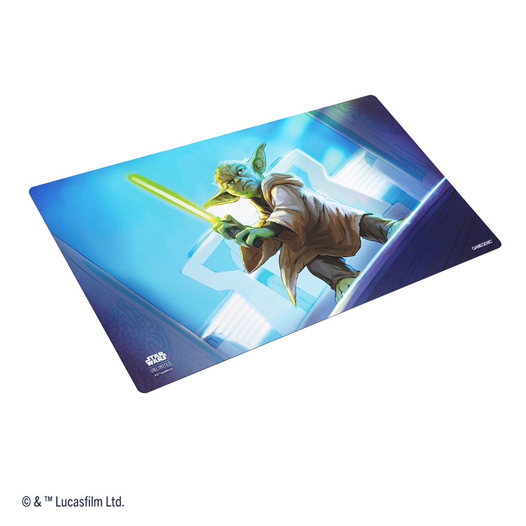 Star Wars: Unlimited Playmat - Master Yoda - Rectangular playmat featuring Master Yoda with glowing green lightsaber on blue sci-fi background.