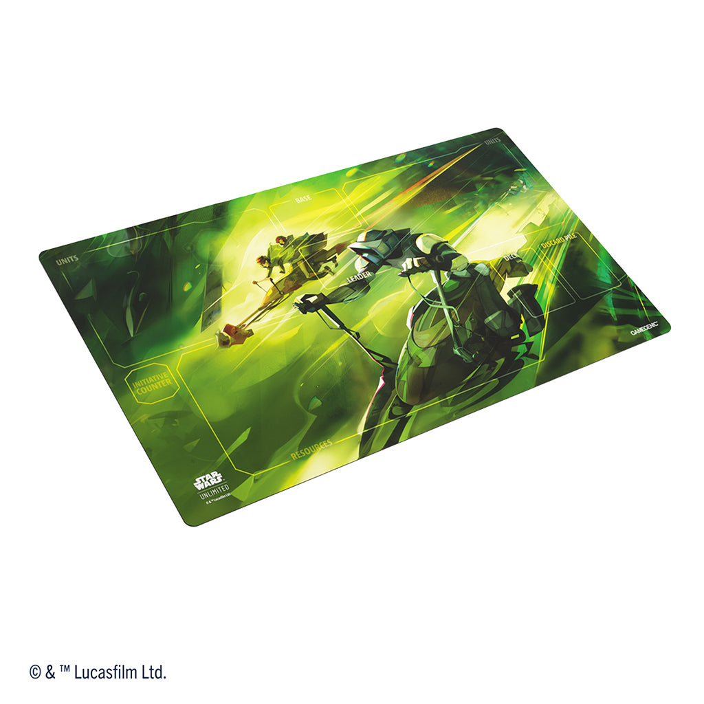 Star Wars: Unlimited Playmat - Speeder Bike Chase - Rectangular playmat featuring vibrant green and yellow Star Wars speeder bike chase scene with futuristic characters.