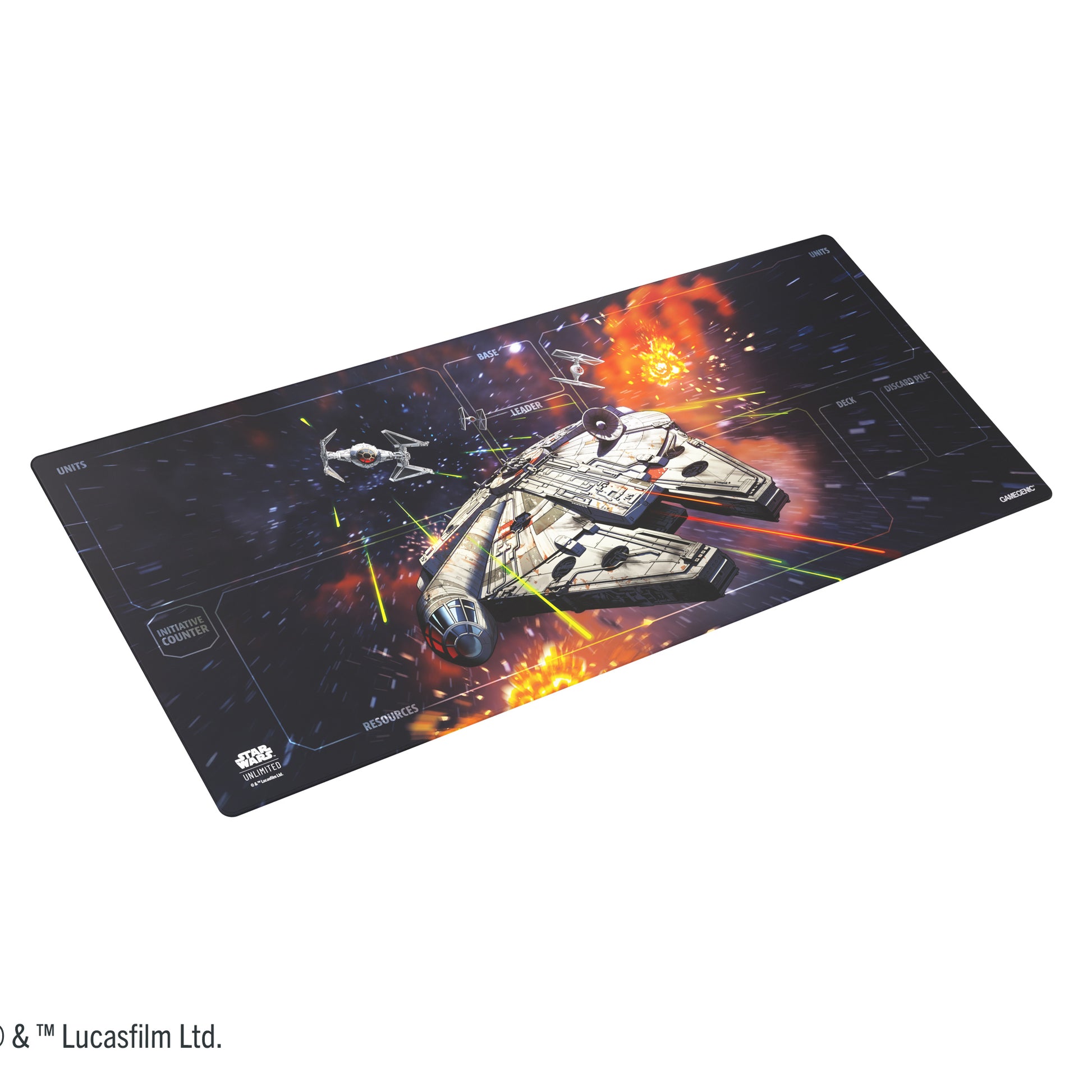Gamegenic STAR WARS : Unlimited Game Mat Xtra-Wide - Xtra-wide black gaming mat featuring Star Wars Millennium Falcon and TIE fighters with fiery space battle design.