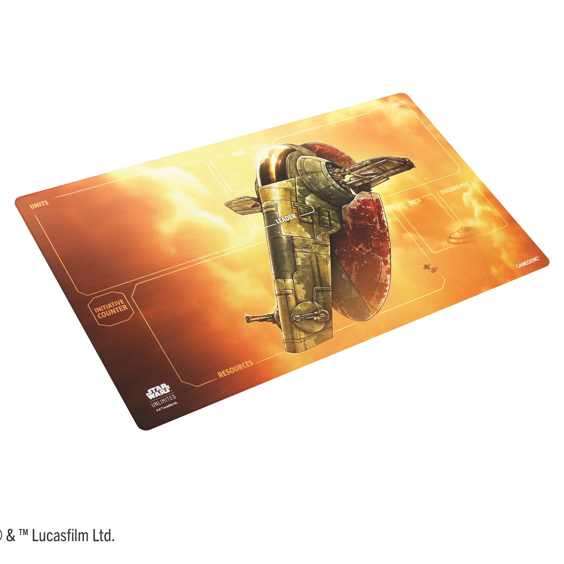 Gamegenic STAR WARS : Unlimited Game Mat Fett's Firespray - Rectangular game mat featuring Boba Fett's Firespray ship with fiery orange and yellow background and designated play zones.