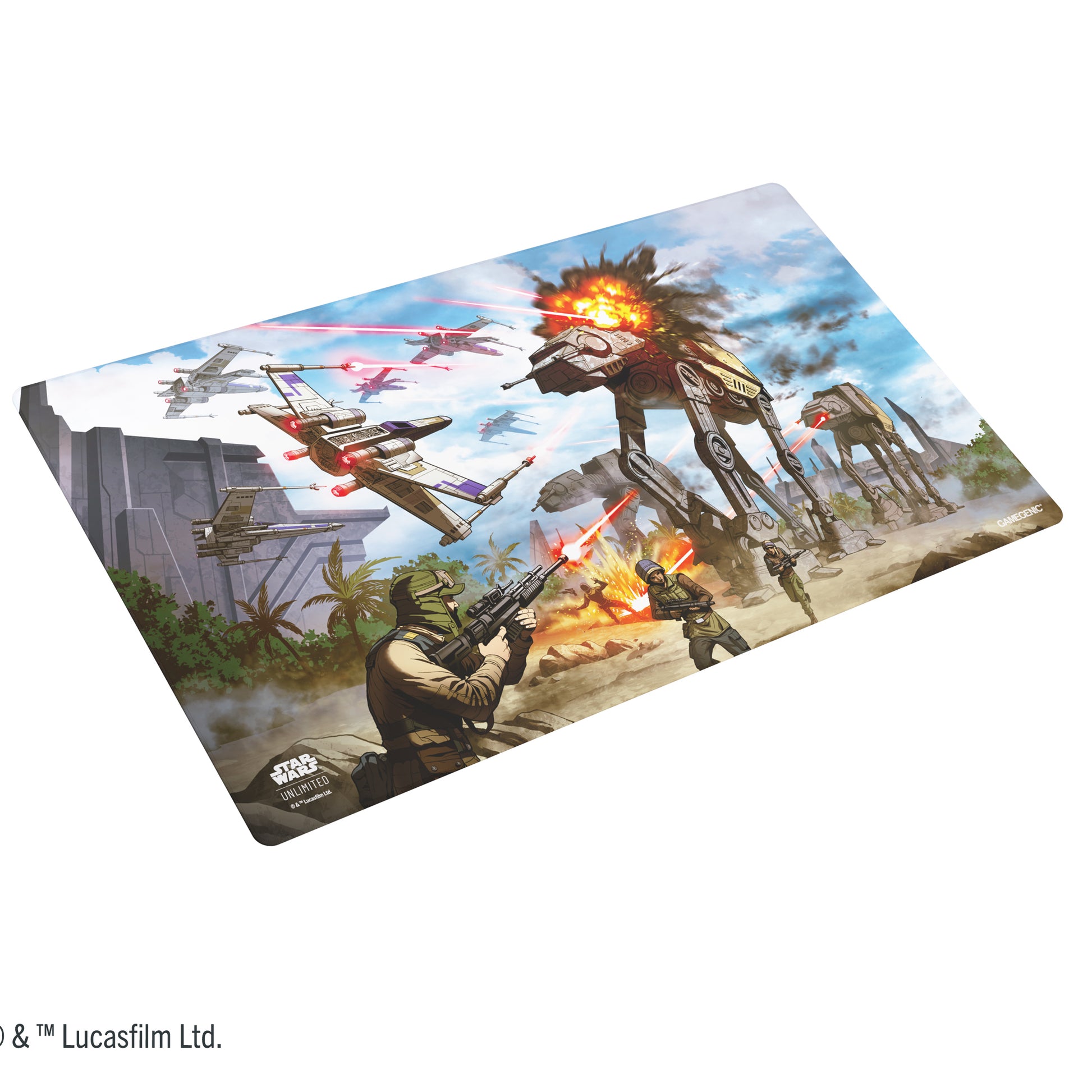 Gamegenic STAR WARS : Unlimited Game Mat Battle of Scarif - Rectangular gaming mat with Star Wars Scarif battle scene featuring AT-AT walkers and starfighters on vibrant battlefield.