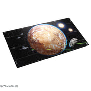 Gamegenic STAR WARS : Unlimited Battle Zone Game Mat Optimized for 4-Players - Rectangular black game mat featuring a detailed brown and orange planet, three glowing suns, and small spaceship.