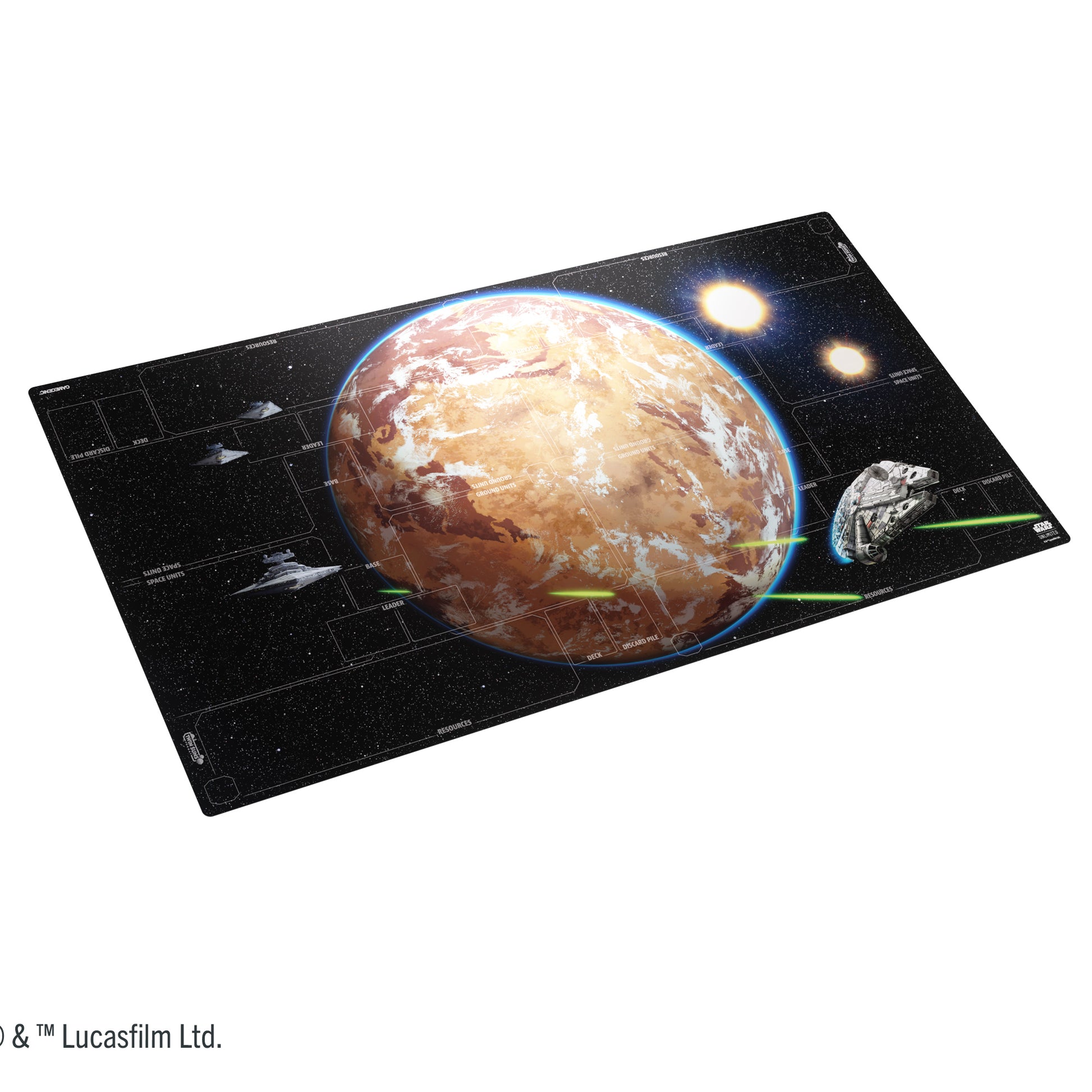 Gamegenic STAR WARS : Unlimited Battle Zone Game Mat Optimized for 4-Players - Rectangular black game mat featuring a detailed brown and orange planet, three glowing suns, and small spaceship.