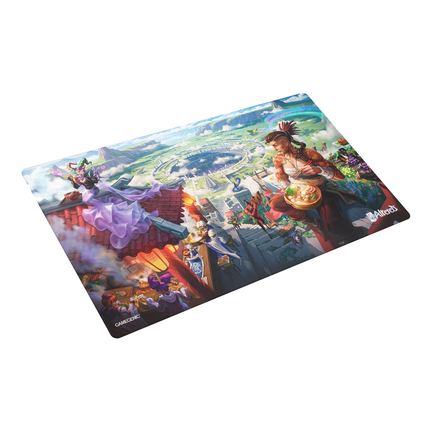 Gamegenic Prime Playmat: Altered - The First Outpost - Rectangular gaming playmat featuring vibrant fantasy artwork with colorful characters and a dynamic landscape scene.