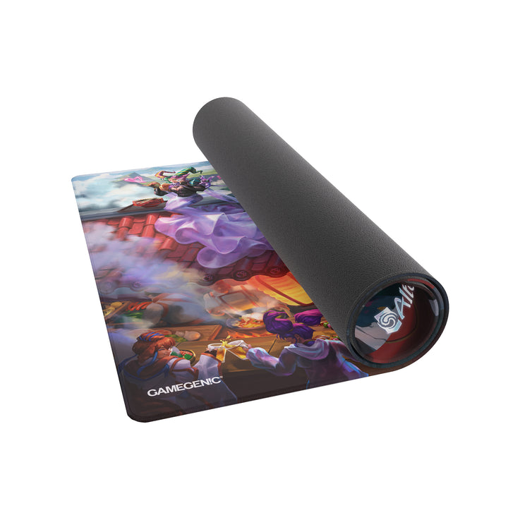 Gamegenic Prime Playmat: Altered - The First Outpost - Black rolled edge game mat with colorful sci-fi artwork featuring futuristic characters and the Gamegenic logo.