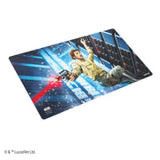 Star Wars: Unlimited Game Mat - Cassian Andor - Rectangular game mat featuring Cassian Andor aiming a red blaster, set against a blue futuristic cityscape background with.