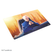 Star Wars: Unlimited Game Mat - Chancellor Palpatine - Game mat featuring Chancellor Palpatine seated in dark chair with glowing orange cityscape background.