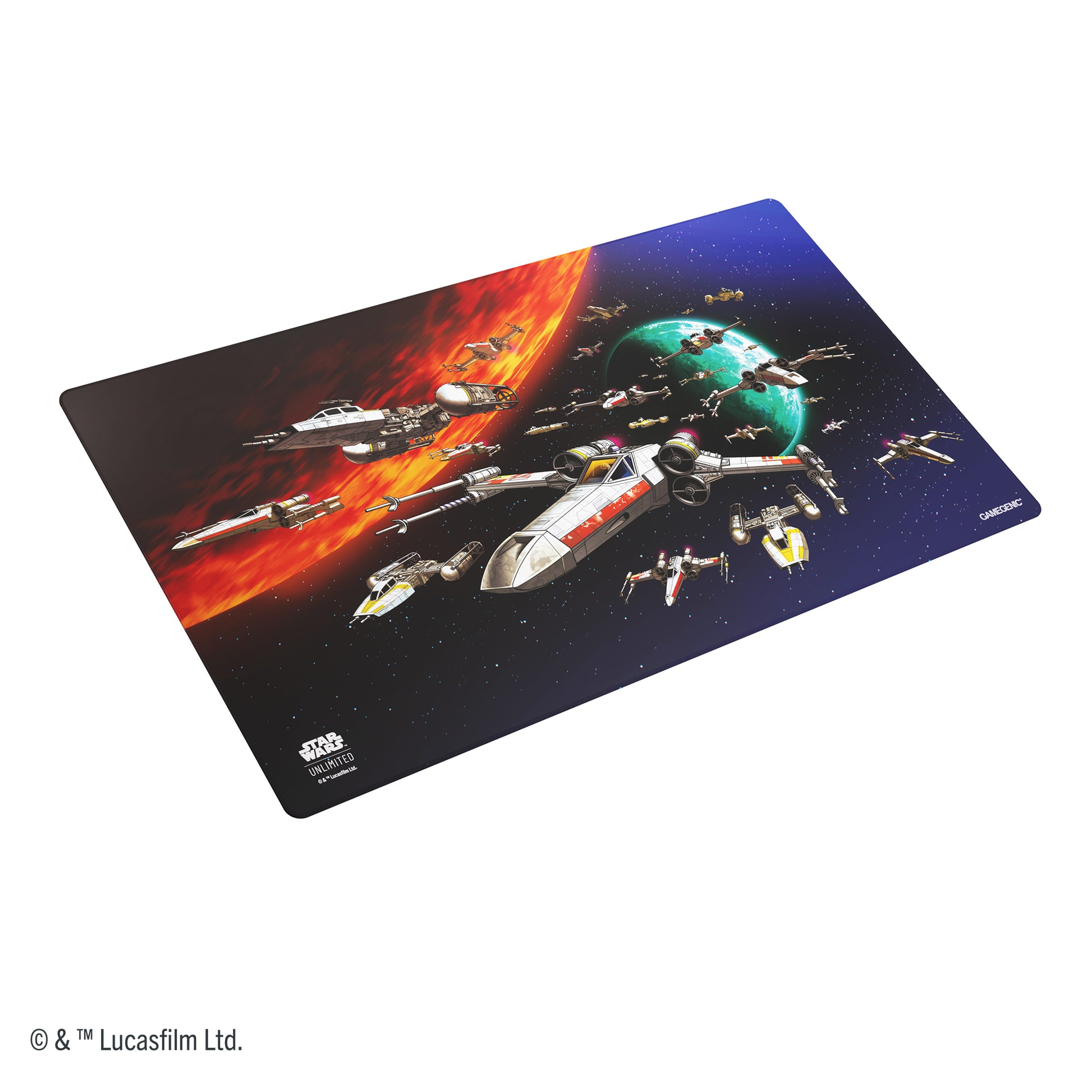 Star Wars: Unlimited Game Mat - Restore Freedom - Rectangular gaming mat with Star Wars spacecraft, fiery planet on the left, and blue space background on the right.
