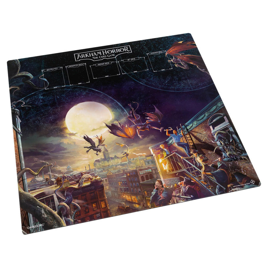 Arkham Horror: Center Game Mat (PREORDER) - Dark fantasy-themed game mat with a large full moon, flying monsters, and cityscape details for Arkham Horror gameplay.