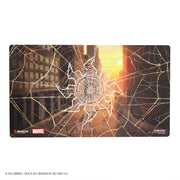Magic: The Gathering: Marvel's Spider-Man Shiny Playmat - Spider-Man Plains - Rectangular playmat with shiny finish featuring a spiderweb design over a cityscape at sunset with warm orange and brown.