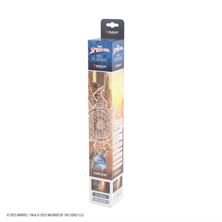 Magic: The Gathering: Marvel's Spider-Man Shiny Playmat - Spider-Man Plains - Vertical rectangular box packaging with brown and orange tones featuring Spider-Man web design and Marvel's Spider-Man.