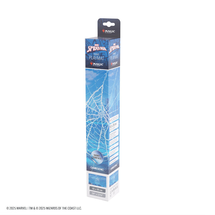 Magic: The Gathering: Marvel's Spider-Man Shiny Playmat - Spider-Man Island - Tall rectangular box with Spider-Man web design and blue Marvel-themed branding for a shiny playmat.