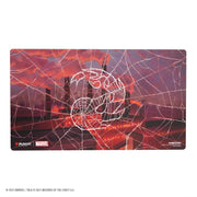 Magic: The Gathering: Marvel's Spider-Man Shiny Playmat - Spider-Man Mountain - Rectangular playmat with glossy finish featuring a red and purple cityscape background and a large white Spider-Man logo.