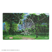 Magic: The Gathering: Marvel's Spider-Man Shiny Playmat - Spider-Man Forest - Rectangular playmat featuring a glossy spider web design overlaying a vibrant forest background with green trees and blue.