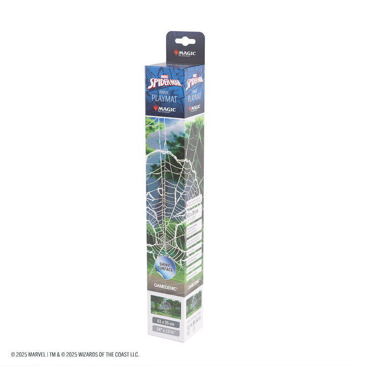 Magic: The Gathering: Marvel's Spider-Man Shiny Playmat - Spider-Man Forest - Tall rectangular box with Marvel’s Spider-Man Shiny Playmat inside, featuring spider web graphics and green forest design on