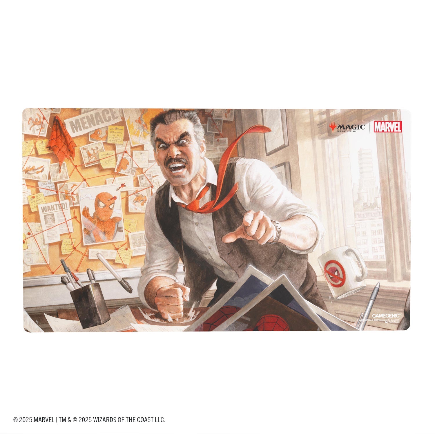 Magic: The Gathering: Marvel's Spider-Man Prime Playmat - J. Jonah Jameson (PREORDER) - The Gathering playmat featuring aggressive J. Jonah Jameson in office with scattered papers and red tie swirling.