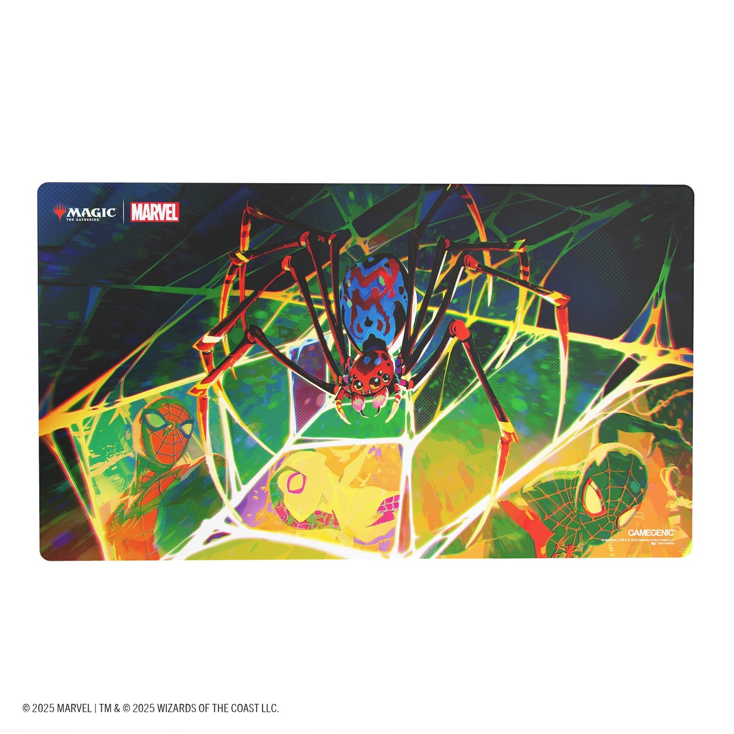 Magic: The Gathering: Marvel's Spider-Man Prime Playmat - Spider - The Gathering playmat featuring a vibrant red and blue Spider-Man perched on a web with green, yellow, and orange abstract.