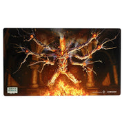 Arkham Horror: Shiny Playmat - Elokoss (PREORDER) - Rectangular playmat featuring fiery orange and black Elokoss creature with multiple arms rising from flames, designed for.