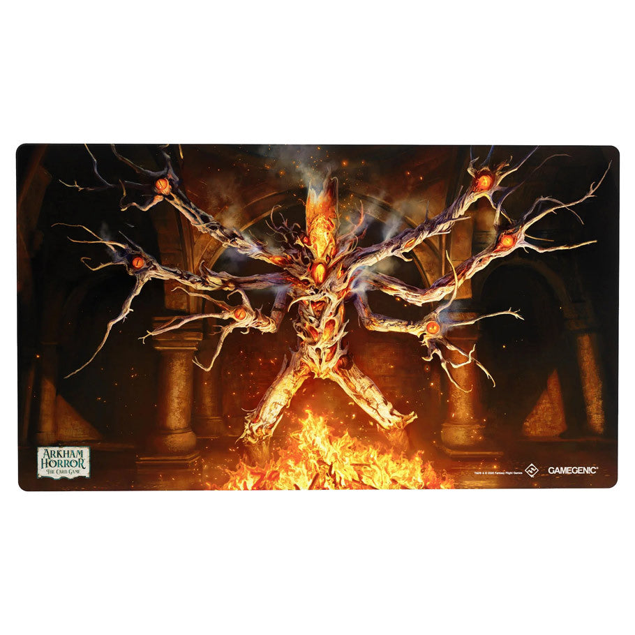 Arkham Horror: Shiny Playmat - Elokoss (PREORDER) - Rectangular playmat featuring fiery orange and black Elokoss creature with multiple arms rising from flames, designed for.