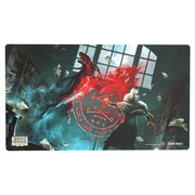 Arkham Horror: Playmat - Blood Ward (PREORDER) - Rectangular gaming playmat with dark, smoky background, featuring a large red occult symbol and mystical figures in dynamic.