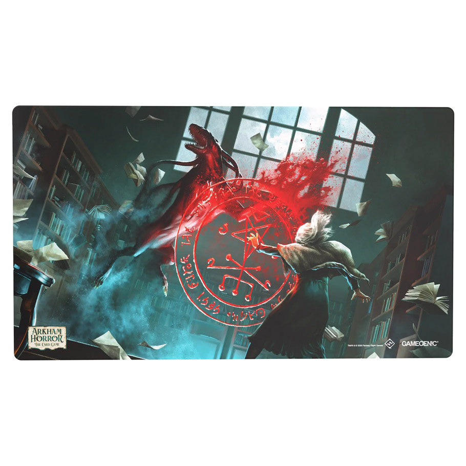 Arkham Horror: Playmat - Blood Ward (PREORDER) - Rectangular gaming playmat with dark, smoky background, featuring a large red occult symbol and mystical figures in dynamic.