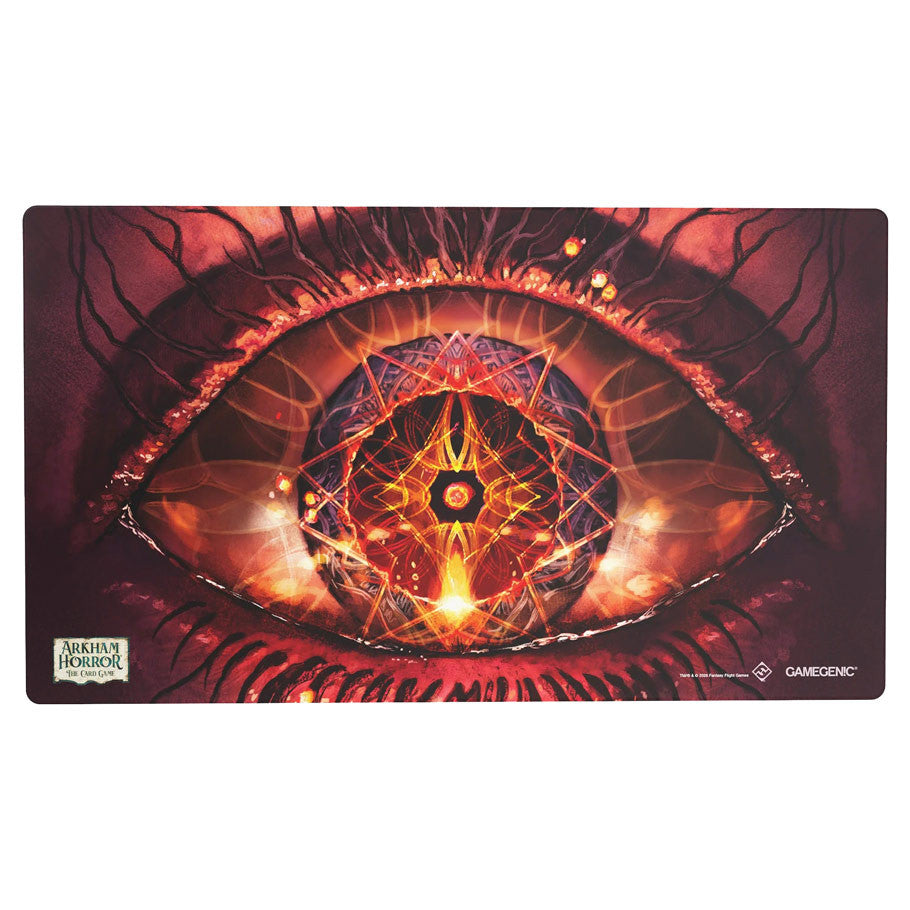 Arkham Horror: Playmat - Truth is Out There (PREORDER) - Rectangular gaming playmat featuring a large, detailed fiery red eye with intricate geometric patterns in the iris on a dark