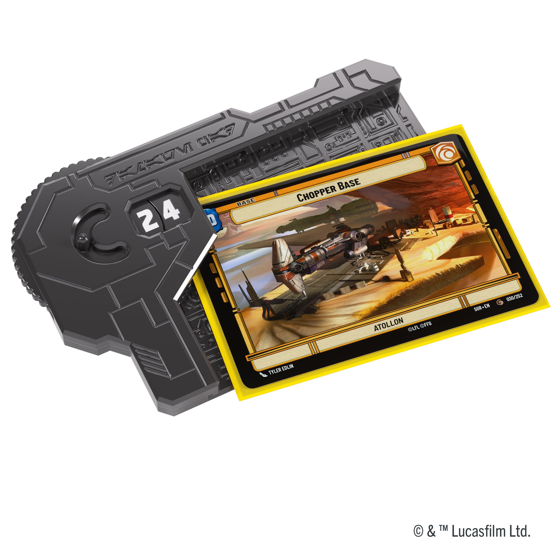 Gamegenic STAR WARS : UNLIMITED DAMAGE PAD - Black - Black plastic Gamegenic damage pad with white number dial and Star Wars-themed card slot holding a yellow-bordered card.