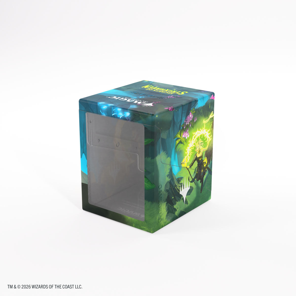 Gamegenic Bastion 100+ XL: Secrets of Strixhaven - Strixhaven Students (PREORDER) - Blue and green decorative card storage box with fantasy-themed Strixhaven artwork and transparent front window.