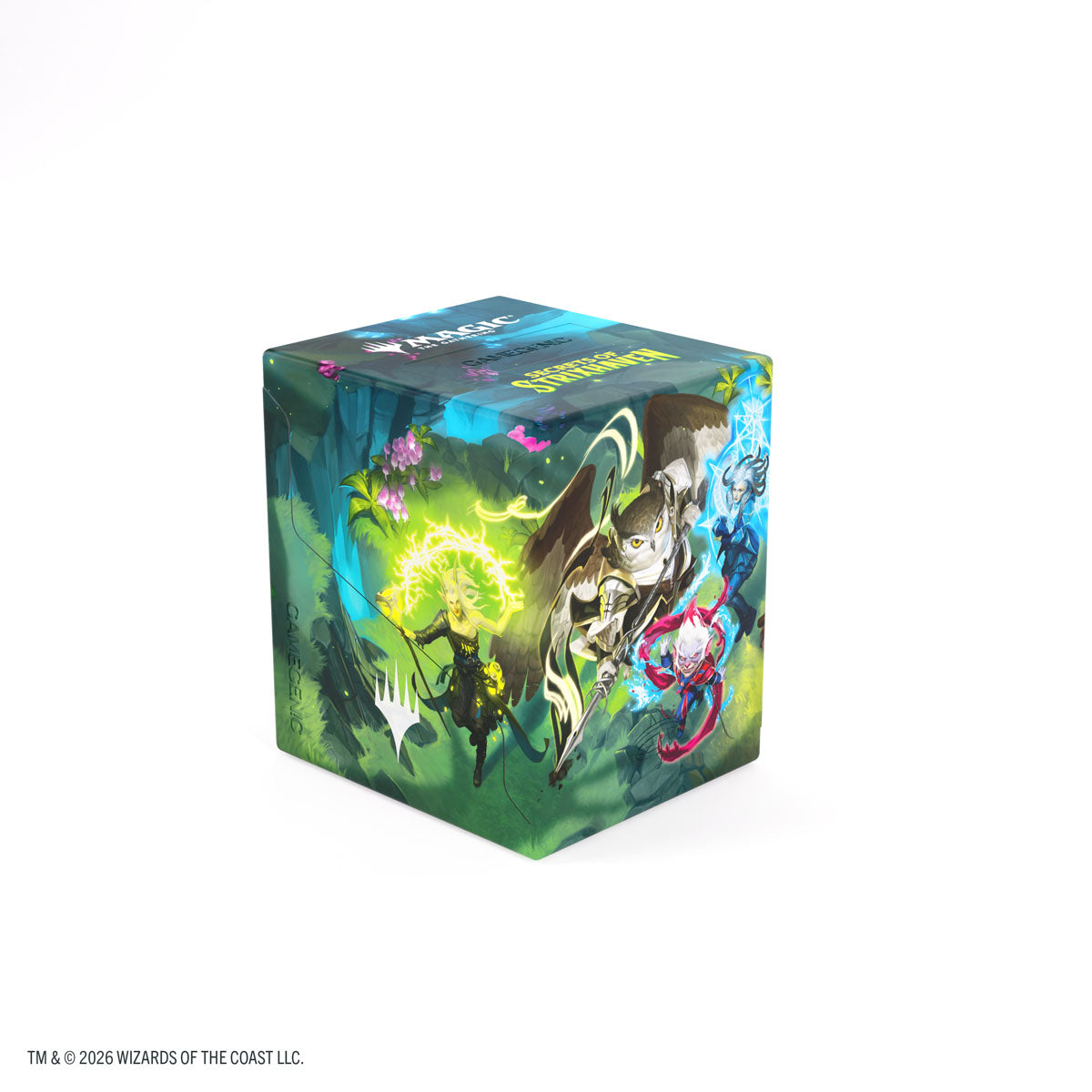Gamegenic Bastion 100+ XL: Secrets of Strixhaven - Strixhaven Students (PREORDER) - Colorful cube storage box with illustrated magical students and vibrant green, blue, and pink accents, designed for card.