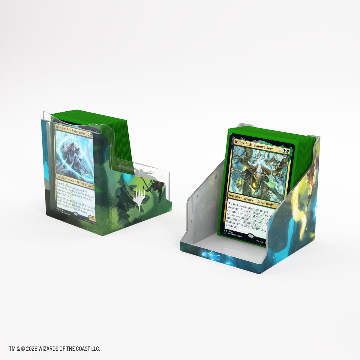 Gamegenic Bastion 100+ XL: Secrets of Strixhaven - Strixhaven Students (PREORDER) - Green and blue card storage boxes with fantasy-themed artwork, designed to hold and display trading cards upright.