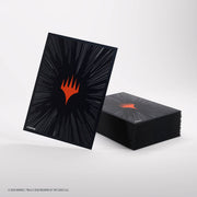 Gamegenic Premium Double Sleeving Pack: Marvel Super Heroes - Comic Burst Black - Stack of glossy black card sleeves with radiating comic-style burst lines and an orange stylized flame logo in the center.