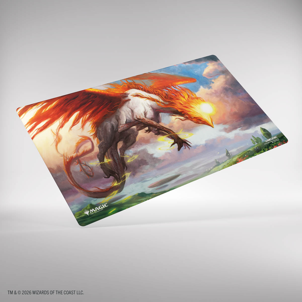 Gamegenic Double-sided Playmat: Lorwyn Eclipsed - Eirdu, Carrier of Dawn/Isilu, Carrier of Twilight (PREORDER) - Double-sided rectangular playmat with vibrant fantasy artwork featuring a fiery winged creature and a dark, shadowy figure.