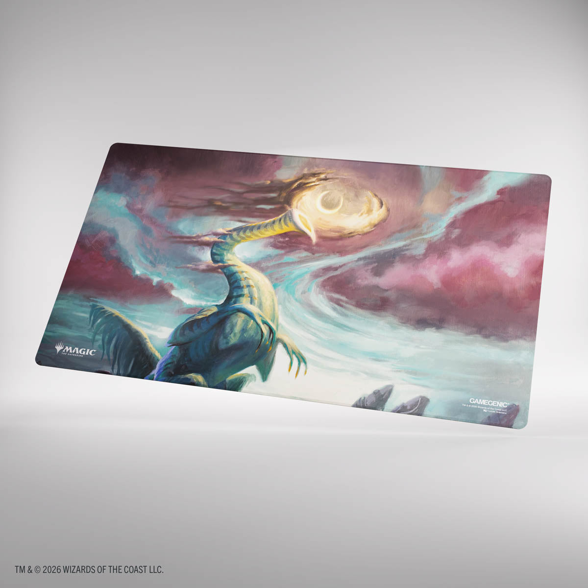 Gamegenic Double-sided Playmat: Lorwyn Eclipsed - Eirdu, Carrier of Dawn/Isilu, Carrier of Twilight (PREORDER) - Double-sided playmat featuring fantasy creature holding glowing orb, vibrant stormy sky background, smooth fabric surface.