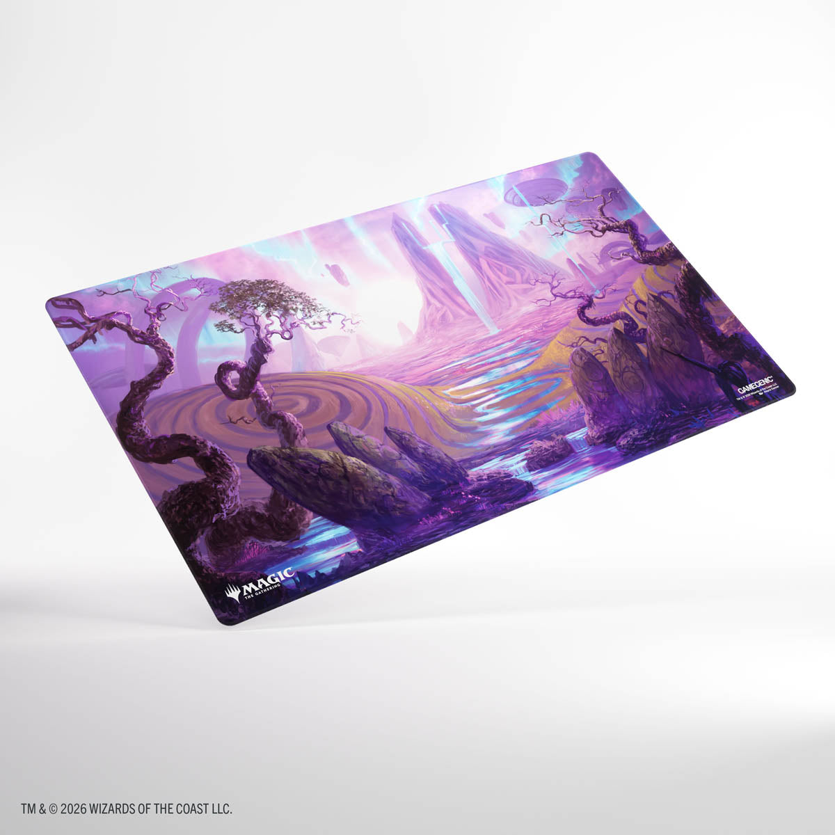 Gamegenic Shiny Playmat: Lorwyn Eclipsed - Eclipsed Realms - Playmat with glossy finish featuring a purple and pink fantasy landscape with twisted trees and glowing light beams.