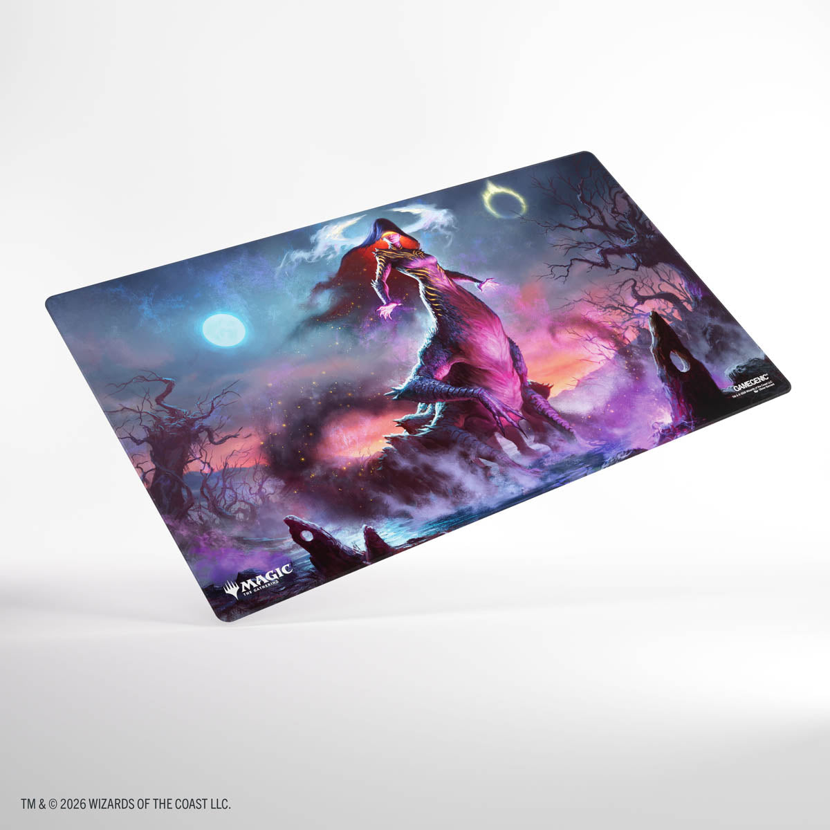 Gamegenic Shiny Playmat: Lorwyn Eclipsed - Moonshadow - Gaming playmat with dark fantasy artwork featuring a cloaked figure under a full moon, purple and blue hues, smooth fabric.
