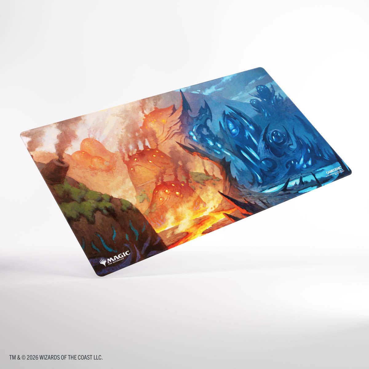 Gamegenic Shiny Playmat: Lorwyn Eclipsed - Steam Vents - Rectangular playmat featuring vibrant fantasy artwork with fiery orange and cool blue elemental figures facing each other,.