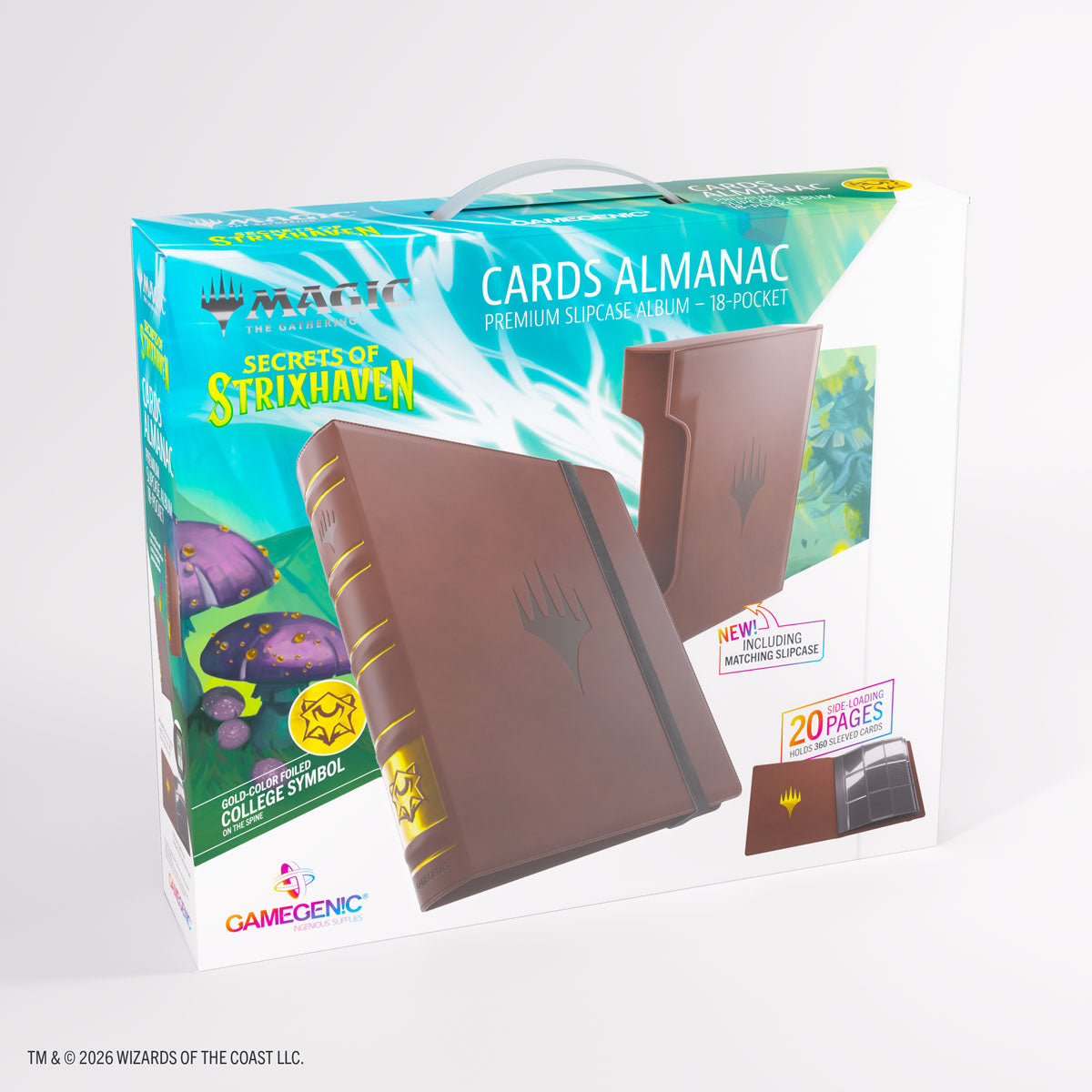 Gamegenic 18-Pocket Card Almanac: Secrets of Strixhaven - Silverquill (PREORDER) - Clear plastic box packaging with vibrant Secrets of Strixhaven artwork and a brown faux-leather 18-pocket card almanac with.