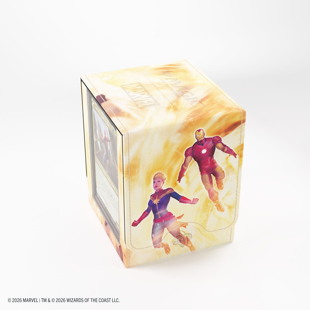 Gamegenic Squire PLUS 100+ XL Deck Box: Marvel Super Heroes - Door of Destinies - Rectangular deck box with vibrant yellow and orange swirling background, featuring Iron Man and Captain Marvel flying on the