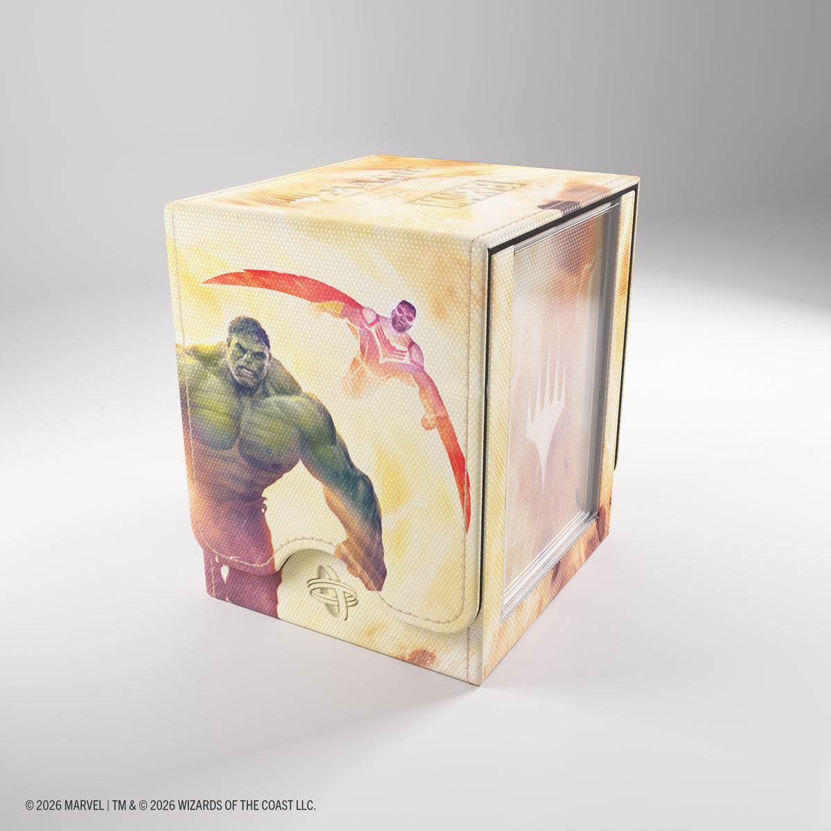 Gamegenic Squire PLUS 100+ XL Deck Box: Marvel Super Heroes - Door of Destinies - Rectangular deck box with colorful Marvel superheroes art featuring Hulk and Scarlet Witch on cream-yellow background.